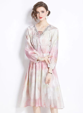 HALO-DYED LANTERN SLEEVE V-NECK DRESS