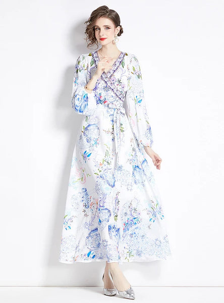 PRINTED V-NECK SLIM LONG DRESS