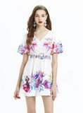 Plant Printed Bubble Sleeve V-neck Ruffled Dress