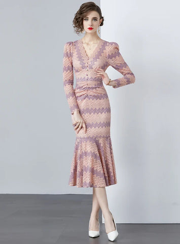 RETRO LONG-SLEEVED SLIM V-NECK DRESS