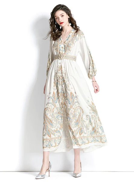 RETRO PALACE STYLE V-NECK LANTERN SLEEVE PRINTED DRESS