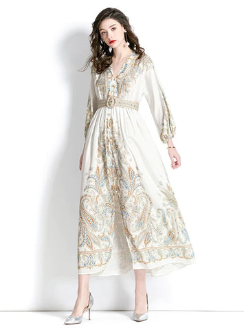 RETRO PALACE STYLE V-NECK LANTERN SLEEVE PRINTED DRESS