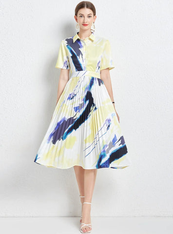 ABSTRACT PRINTED PLEATED SHIRT DRESS