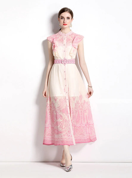 RETRO PALACE STYLE SINGLE-BREASTED PRINTED DRESS