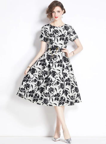 RETRO JACQUARD SILM WAIST SHORT SLEEVE DRESS