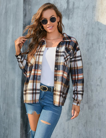 LONG SLEEVE PLAID BUTTON SHIRT COAT