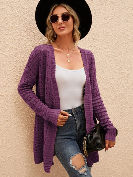 CASUAL SOLID COLOR HOLLOW KNIT CARDIGAN SWEATER COAT