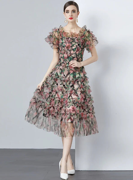 FLORAL HIGH WAIST GAUZE HOLIDAY DRESS