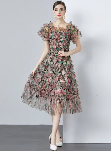 FLORAL HIGH WAIST GAUZE HOLIDAY DRESS