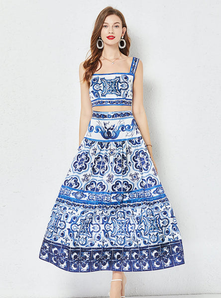 PORCELAIN PRINTED TOP+PLEATED SKIRT TWO-PIECE SUIT