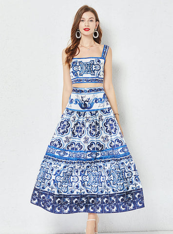 PORCELAIN PRINTED TOP+PLEATED SKIRT TWO-PIECE SUIT