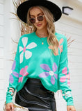 FASHION LONG SLEEVE ROUND NECK FLOWER PULLOVER LOOSE SWEATER
