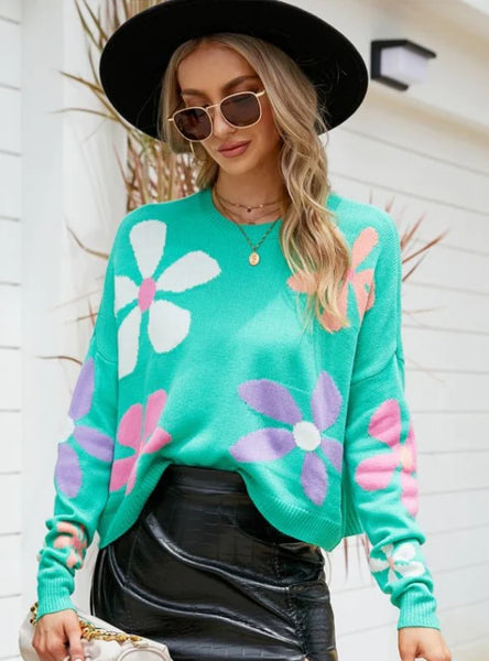 FASHION LONG SLEEVE ROUND NECK FLOWER PULLOVER LOOSE SWEATER