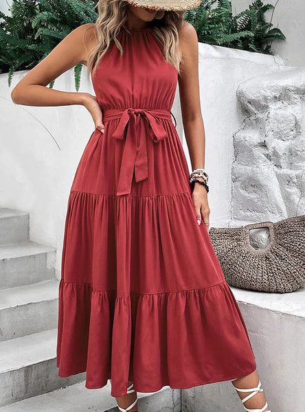 SOLID COLOR LONG PLEATED HALTER DRESS