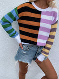 FASHION STRIPED LOOSE ROUND NECK STITCHING SWEATER