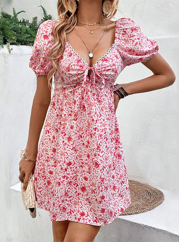 SEXY V-NECK BUBBLE SLEEVE FLORAL DRESS