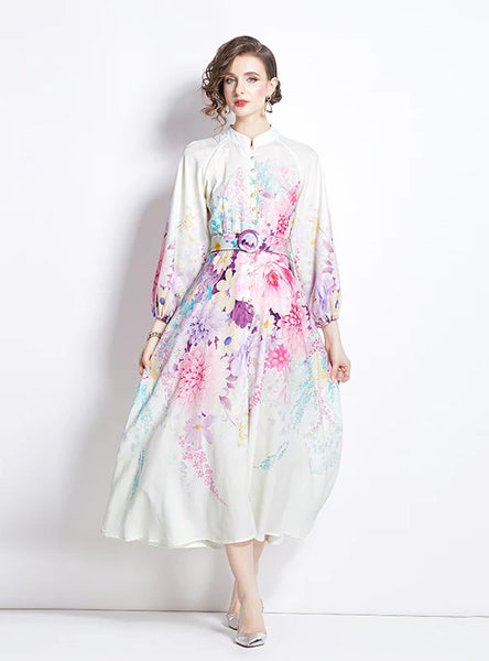 RETRO STAND-UP LANTERN SLEEVE PRINTED DRESS