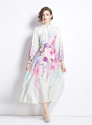 RETRO STAND-UP LANTERN SLEEVE PRINTED DRESS