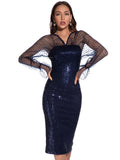 SEXY RETRO MESH LONG SLEEVE SEQUINED DRESS