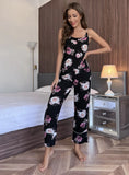 FASHION STRAP TOP FLOWER PRINTED PAJAMAS SUIT