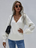 STYLISH CROSS V-NECK SOLID COLOR PULLOVER LOOSE SWEATER