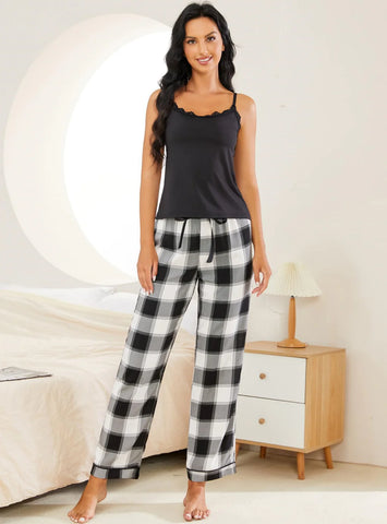 FASHION LACE SUSPENDER PLAID PAJAMAS SET