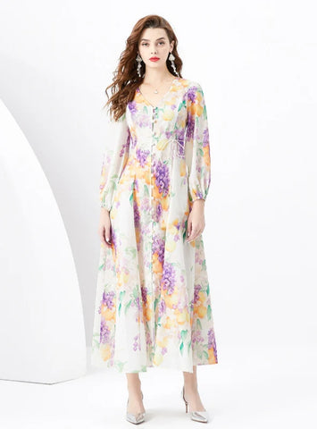 Retro V-neck Single-breasted Printed Long Dress