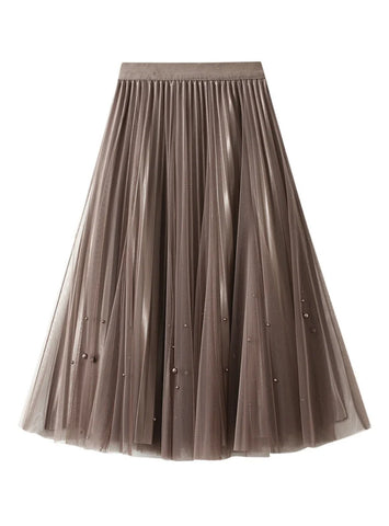 BEADED PLEATED SKIRT HIGH WAIST GAUZE SKIRT