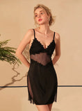FASHION SEXY LACE DEEP V SATIN SUSPENDER NIGHTDRESS