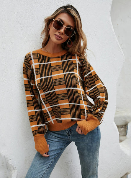FASHION WOMEN CHEQUER PULLOVER SWEATER
