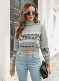 GLAMOROUS RETRO PATTERN JACQUARD HIGH-NECKED SHORT SWEATER