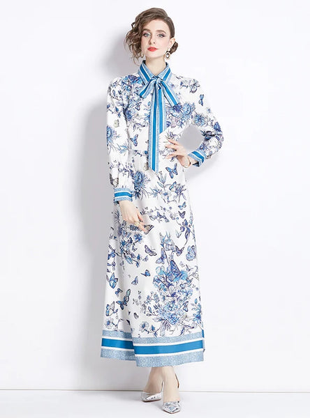 RETRO PRINTED LAPEL LONG SLEEVE DRESS