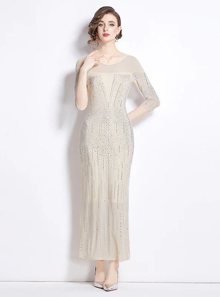 SEXY ROUND NECK SLIM GAUZE RHINESTONE DRESS