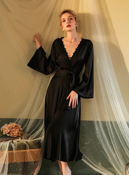 FASHION SEXY LONG SLEEVE SATIN BACKLESS BATHROBE PAJAMAS