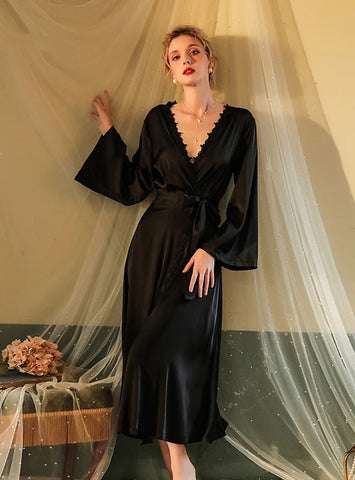 FASHION SEXY LONG SLEEVE SATIN BACKLESS BATHROBE PAJAMAS