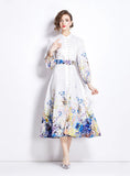 RETRO STANDING LANTERN SLEEVE PRINTED LONG SLEEVE DRESS