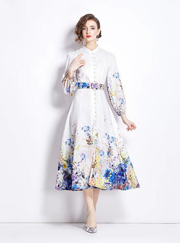RETRO STANDING LANTERN SLEEVE PRINTED LONG SLEEVE DRESS