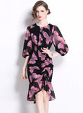 SLIM FLORAL LANTERN SLEEVES DRESS
