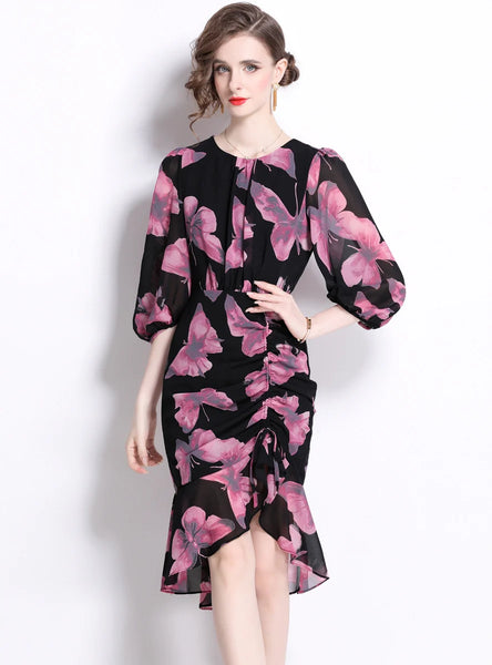 SLIM FLORAL LANTERN SLEEVES DRESS