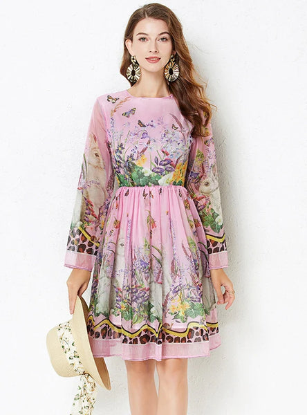 ROUND NECK LONG SLEEVE PURPLE PRINT DRESS