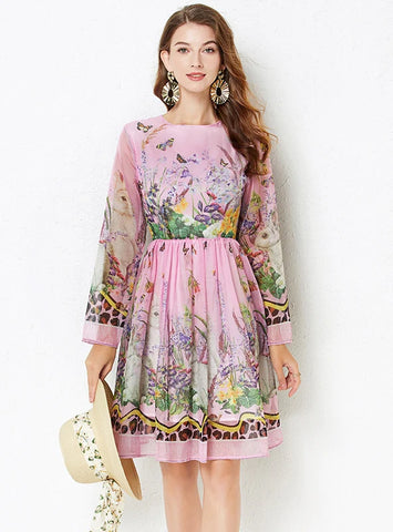 ROUND NECK LONG SLEEVE PURPLE PRINT DRESS