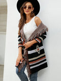 STYLISH LOOSE HOODED COAT TASSEL GEOMETRIC JACQUARD SWEATER CARDIGAN