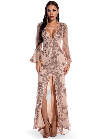 SEXY LONG-SLEEVED SEQUINED SPLIT DRESS