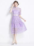 SHORT-SLEEVED LACE MEDIUM-LONG DRESS