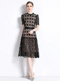RETRO SHORT SLEEVE ROUND NECK LACE DRESS
