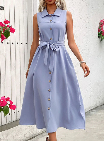 MEDIUM-LONG SOLID SOLOR BUTTON SHIRT DRESS