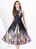 RIBBON SLEEVELESS RETRO PRINT DRESS