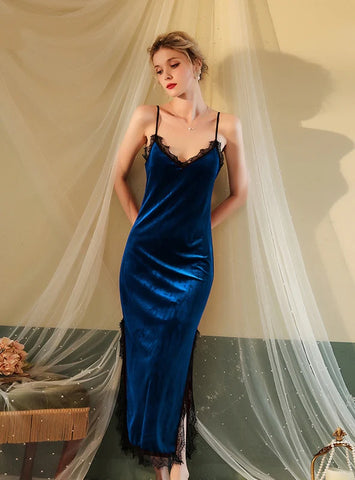 FASHION DEEP V VELVET LACE PRIVATE SUSPENDER NIGHTDRESS