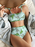 DINOSAUR PRINTED HIGH WAIST TWO-PIECE BIKINI