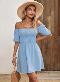 LEISURE BLUE OFF THE SHOULDER DRESS